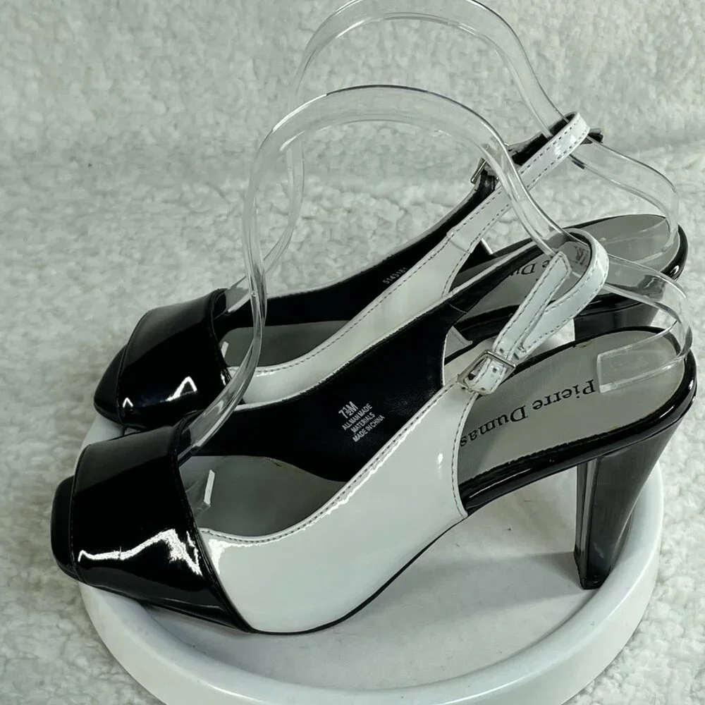 Pierre Dumas High Heels Womens 7.5 M Black White 3.5 Inch Block Heel Adjustable